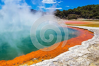 The Champagne Pool at Wai-O-Tapu or Sacred Waters â€“ Thermal Wonderland Rotorua New Zealand Stock Photo